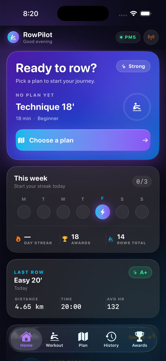 RowPilot home screen - Ready to row? Pick a plan to start your journey.